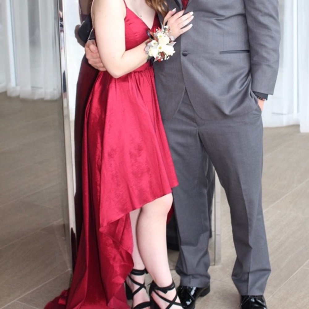 red high to low satin prom dress - Picture 2 of 2